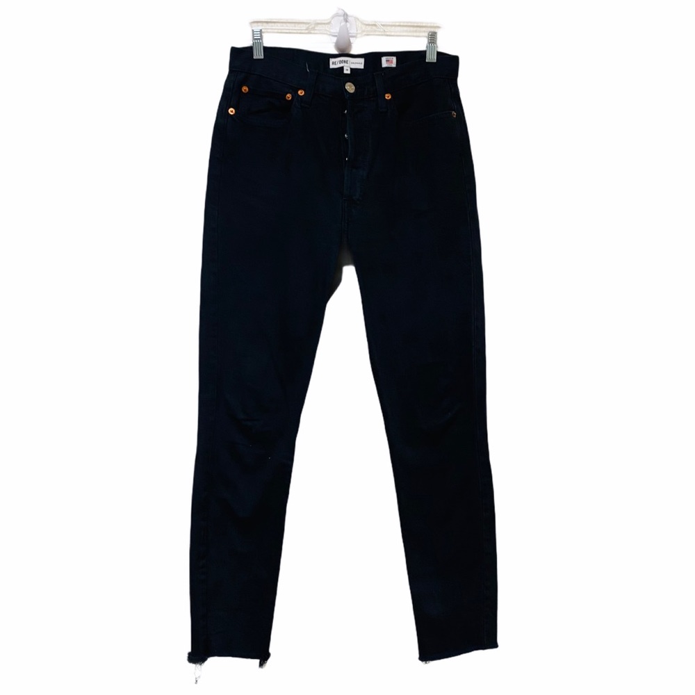 Re/Done High Rise Button Front Raw Hem Black Jeans